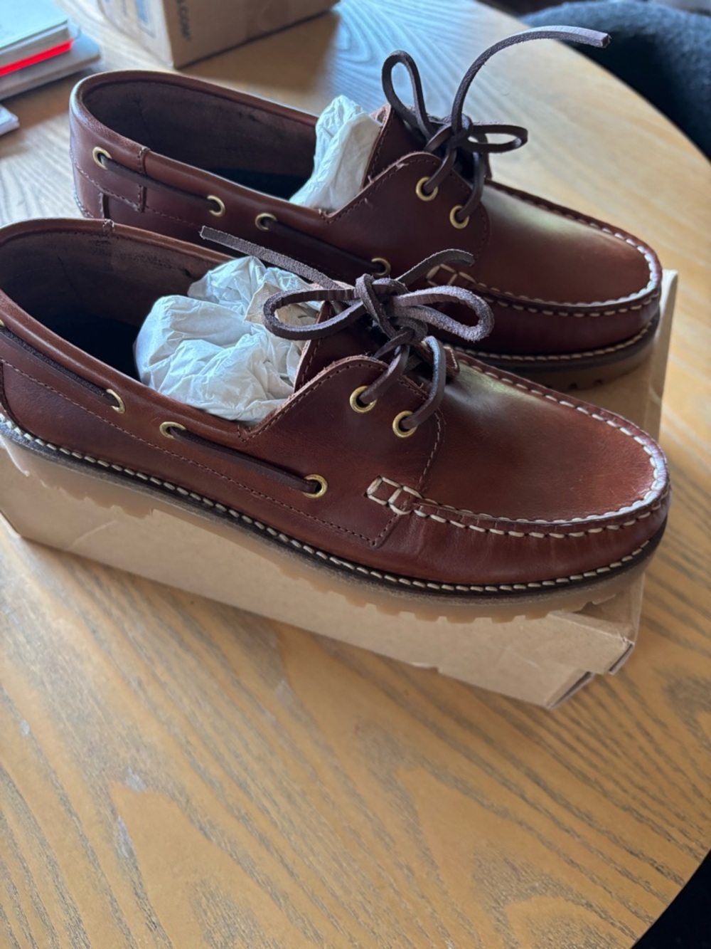 Anthropologie Brown Leather Boat Shoes with Moc Toe Stitching